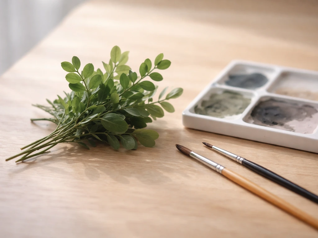 Palette et pinceaux sur une table en bois, avec un petit échantillon végétal vert, ambiance “fumée” abstraite.
