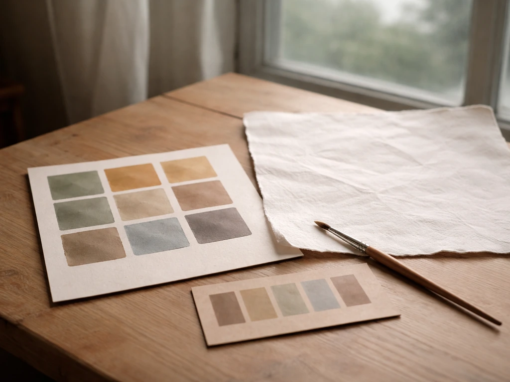 Échantillons de peintures terreuses et désaturées près d’un papier/canevas, ambiance brumeuse d’atelier.