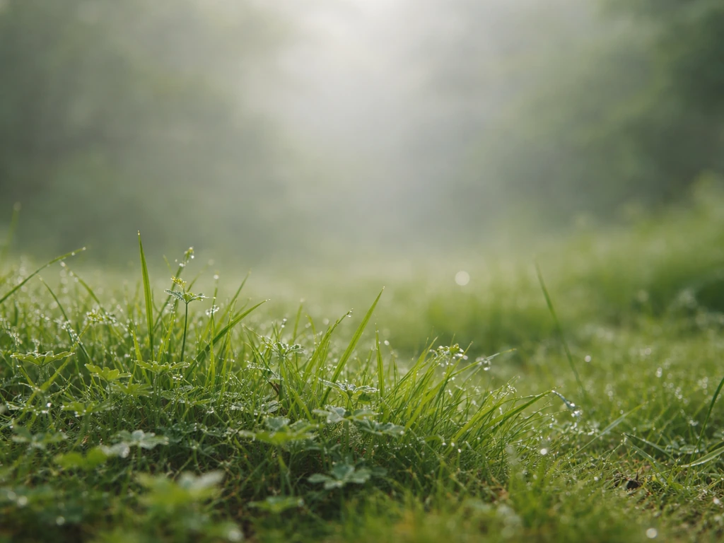 Détail d’herbes nettes au premier plan et arrière-plan brumeux laiteux, effet fumée par transitions entre plans.