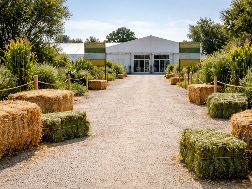 Entrée du salon de l’Herbe et des Fourrages 2025, allée en plein air avec panneaux et herbe fraîche.