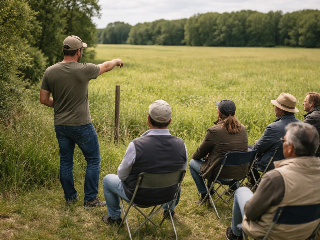 Animateur anonyme présentant une prairie multi-espèces à un petit groupe en plein champ.
