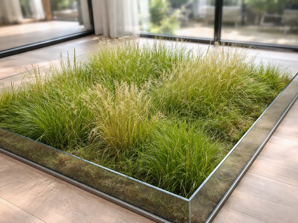 Vitrine végétale rapprochée avec mélanges fourragers, textures et couleurs d’herbe variées.