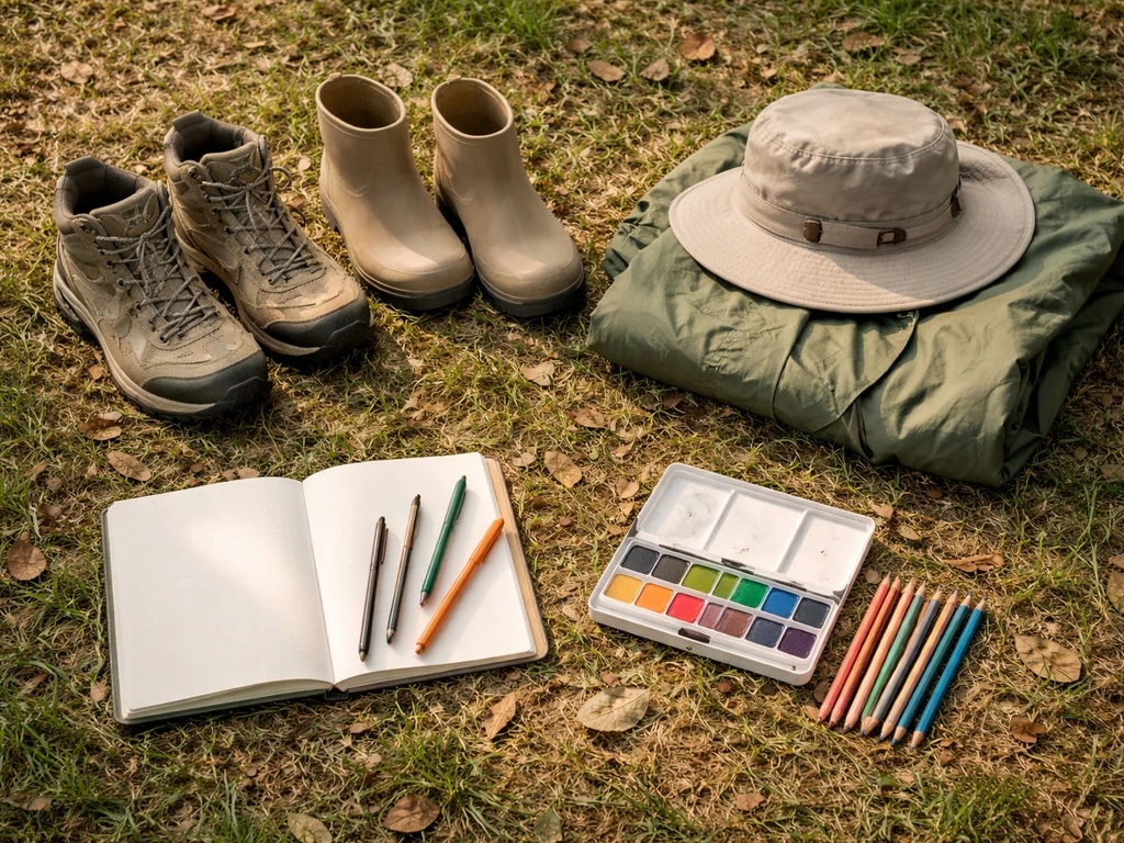 Bottes, chaussures de marche, veste imperméable, chapeau et matériel de dessin posés sur l’herbe.