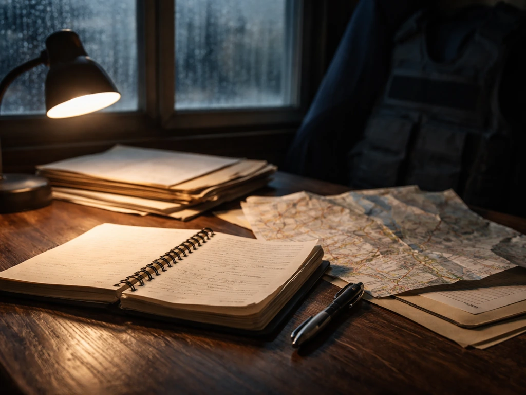 Table d’enquête sombre avec carnet ouvert, stylo et documents, ambiance dramatique façon série policière française.