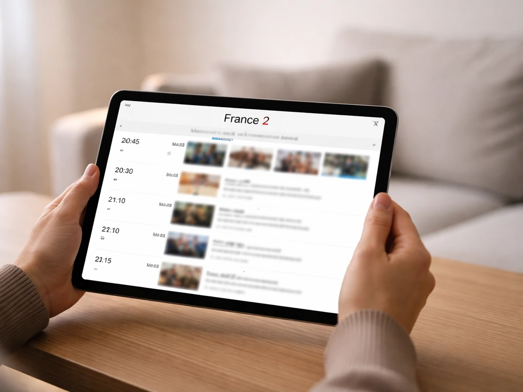 Grille de programme TV discrète sur une tablette, France 2, date et horaire lisibles sans texte.