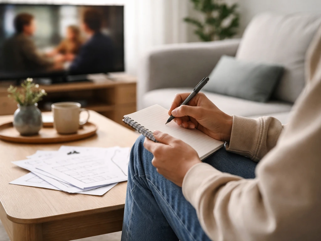 Une personne vérifie une liste sur papier, près d’un téléviseur, pour choisir le bon épisode de série.