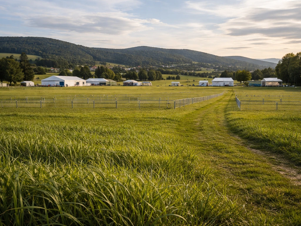 Vue d’un champ d’expo agricole dans les Vosges à Poussay, avec chemin vers des installations temporaires.