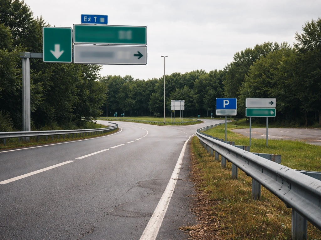 Sortie d’autoroute avec repères vers un parking et deux entrées, routes et glissières en arrière-plan.