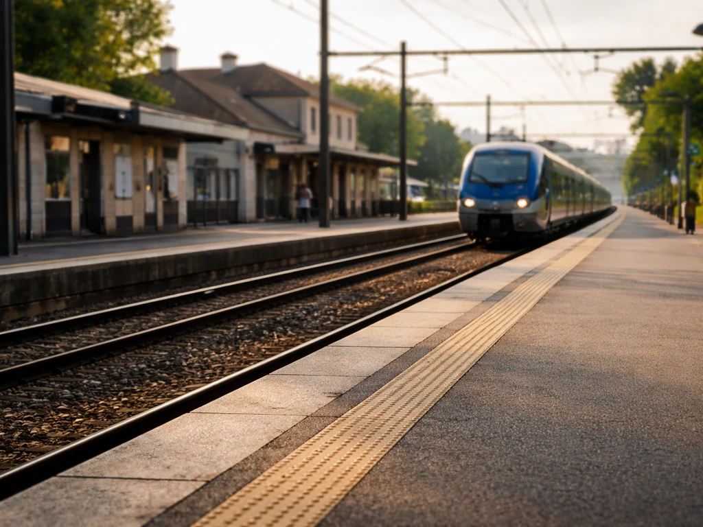 Quai de gare français avec un TER au fond, ambiance correspondances et accès en train vers le site.