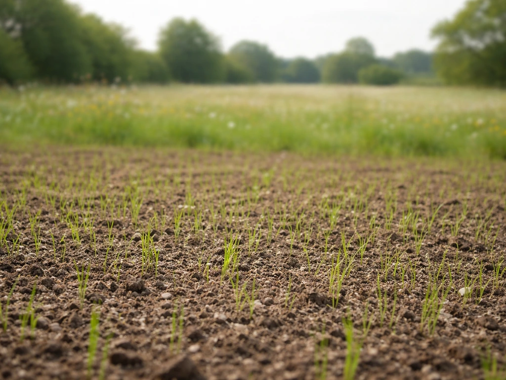 Prairie fraîchement semée avec jeunes brins d’herbe et premières petites fleurs, sol légèrement humide.