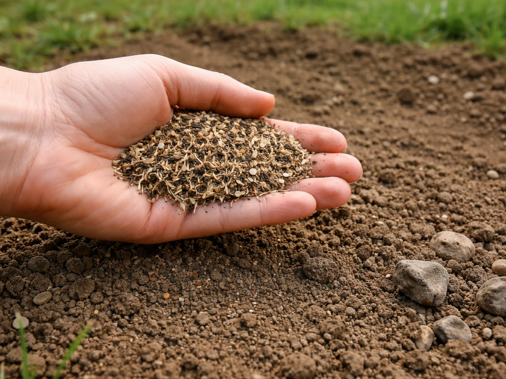 Main anonyme au-dessus d’une terre affinée avec un petit tas de graines de prairie.