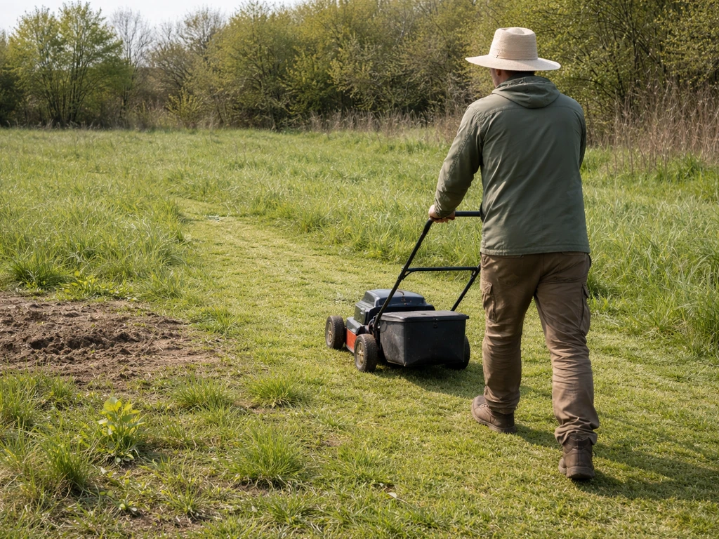 Jardinier tonde une jeune prairie fleurie, hauteur de coupe maîtrisée, près d’une zone clairsemée