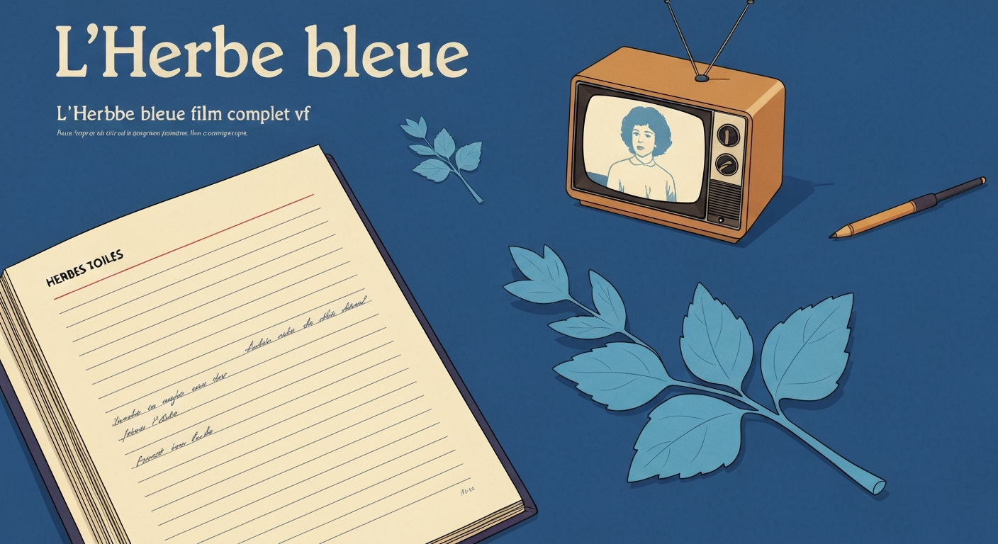 Affiche rétro style 1970s : journal intime ouvert avec un brin d'herbe bleue, télévision cathodique floue en arrière‑plan — ambiance mélancolique et grain de film.