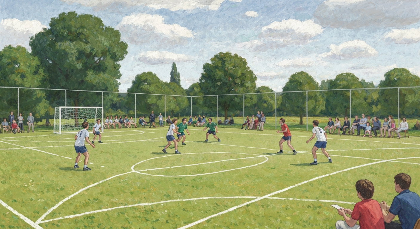 Peinture impressionniste d'un tournoi de handball sur herbe en France avec joueurs, spectateurs et artistes.