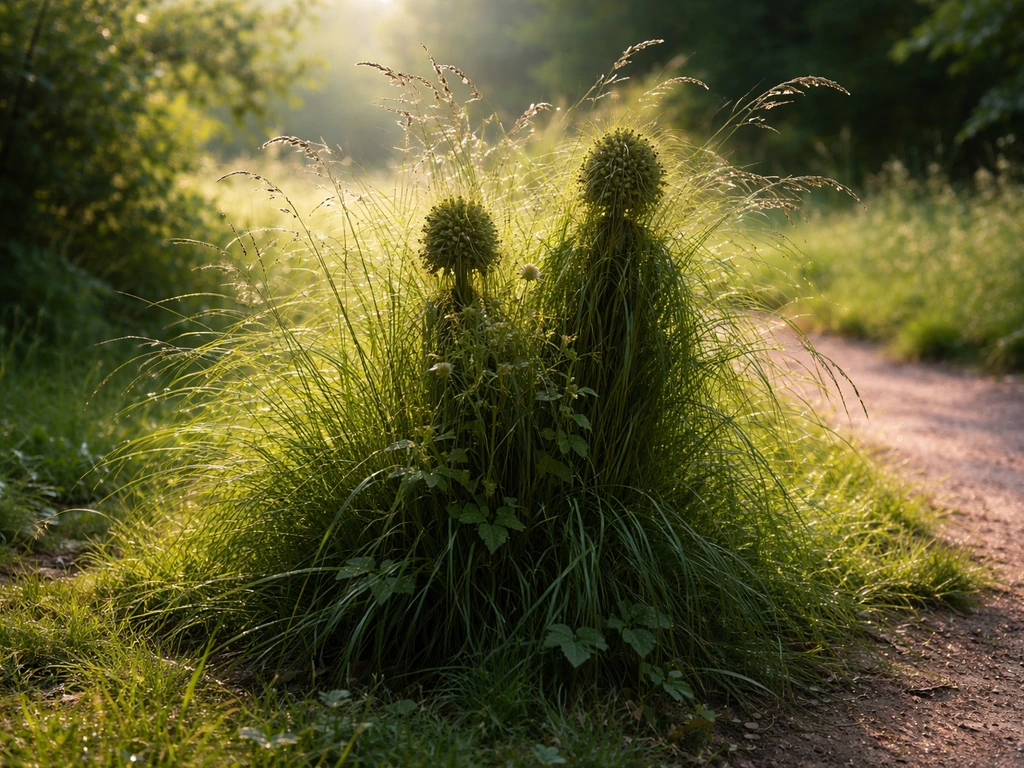 Touffe d’herbe au bord d’un chemin : des formes naturelles évoquent un visage et une silhouette dans la verdure.