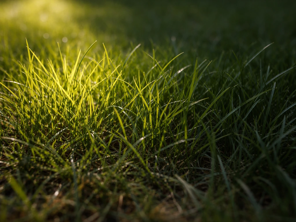 Gros plan sur des brins d’herbe clairs, moyens et sombres avec contraste lumière/ombre et texture nette.
