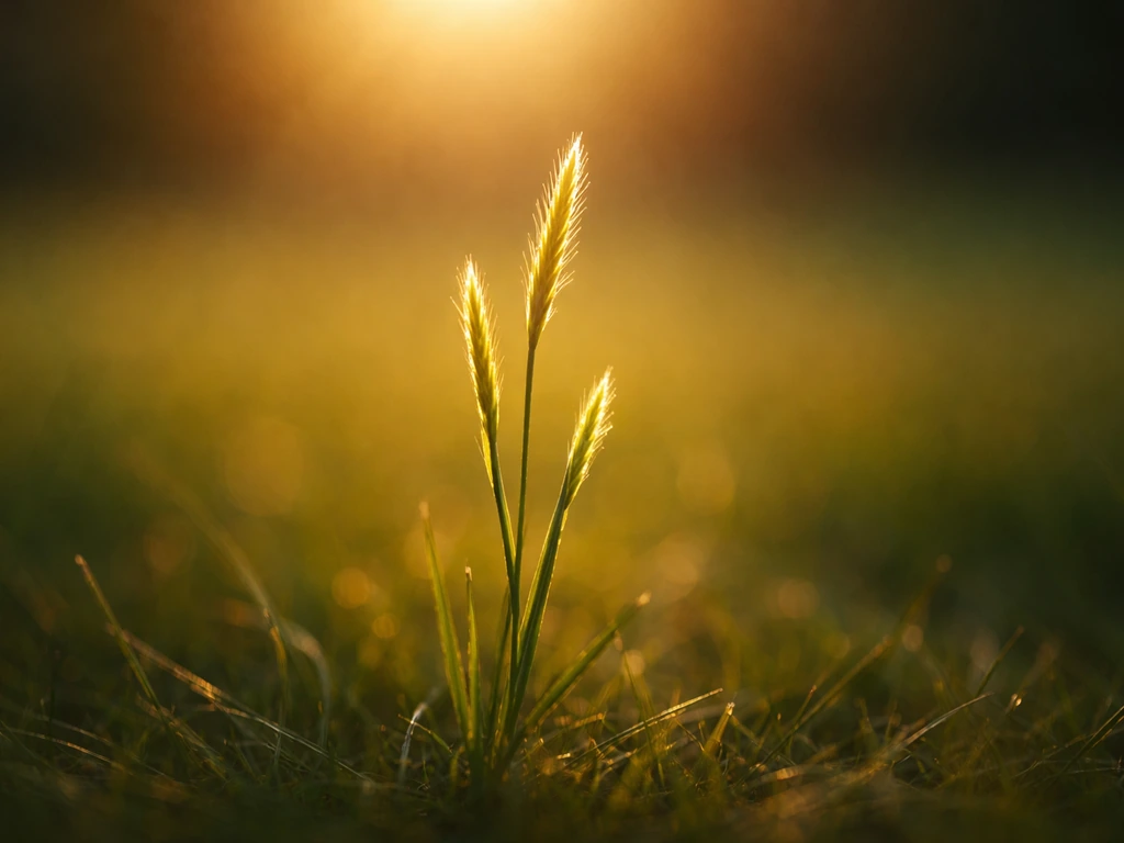 Brins d’herbe en contre-jour : pointes dorées et presque blanches, base dans l’ombre.