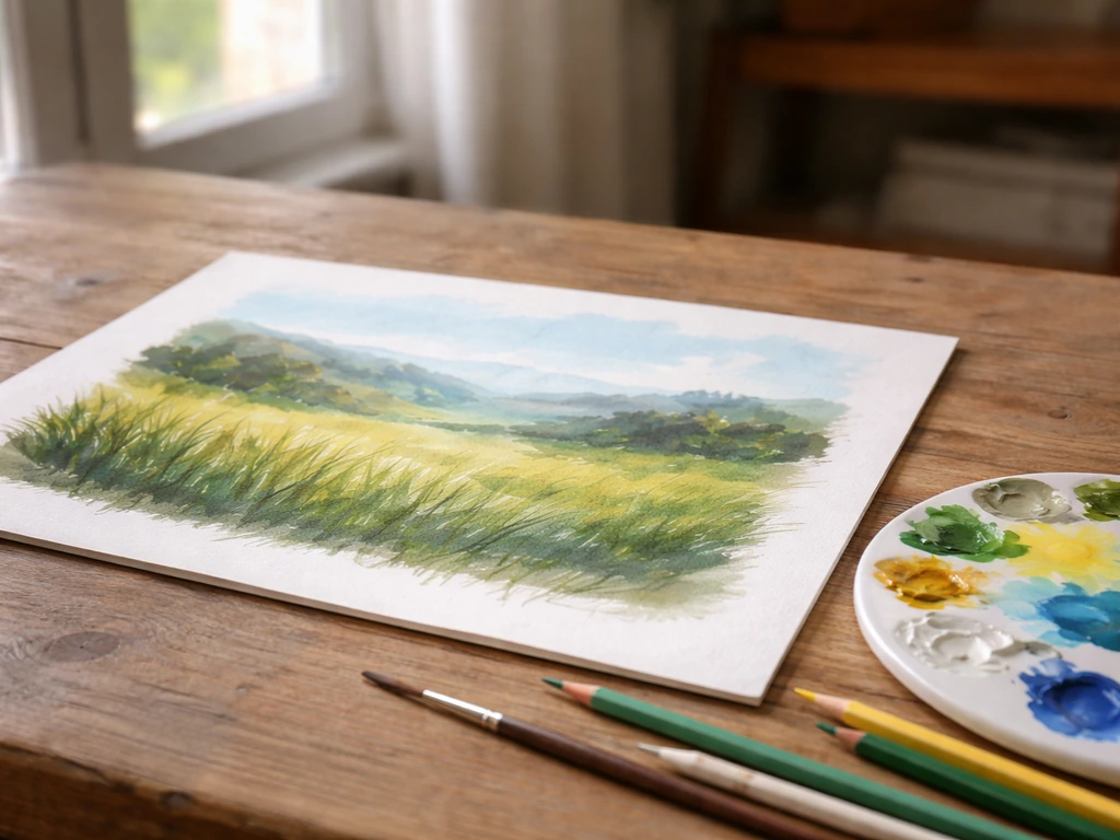 Atelier d’artiste : pinceaux et feuille en cours, prairie d’herbe peinte avec lumière et profondeur.