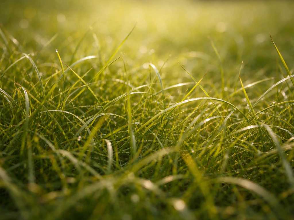 Gros plan d’une herbe de prairie au ras du sol, motifs de brins et lumière dorée entre les touffes.