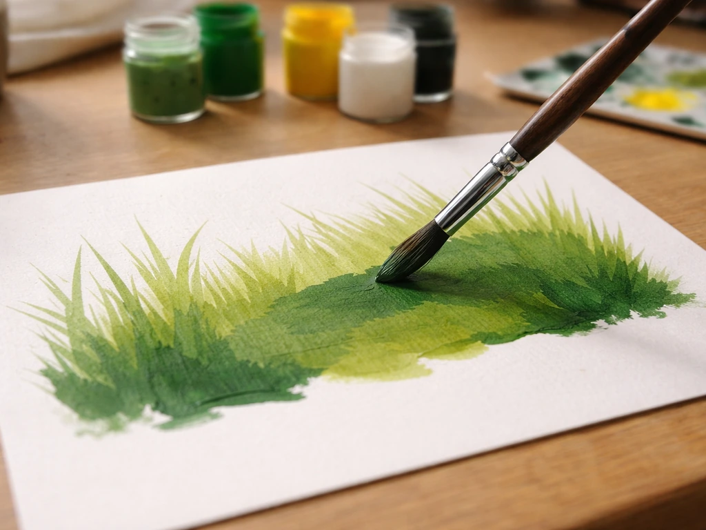 Main tenant un pinceau, esquisse d’un jardin avec grandes masses de verts de base sur papier