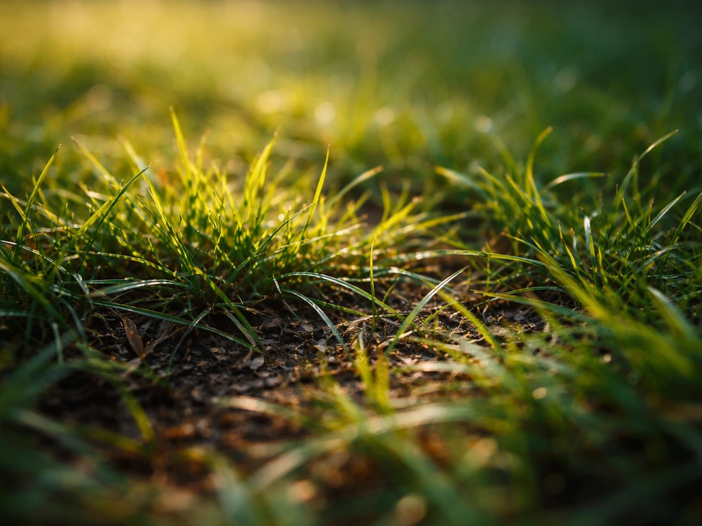 Macro d’herbe avec variations de tons : vert-jaune en lumière, bleu-vert/violet et brun ocre dans l’ombre.