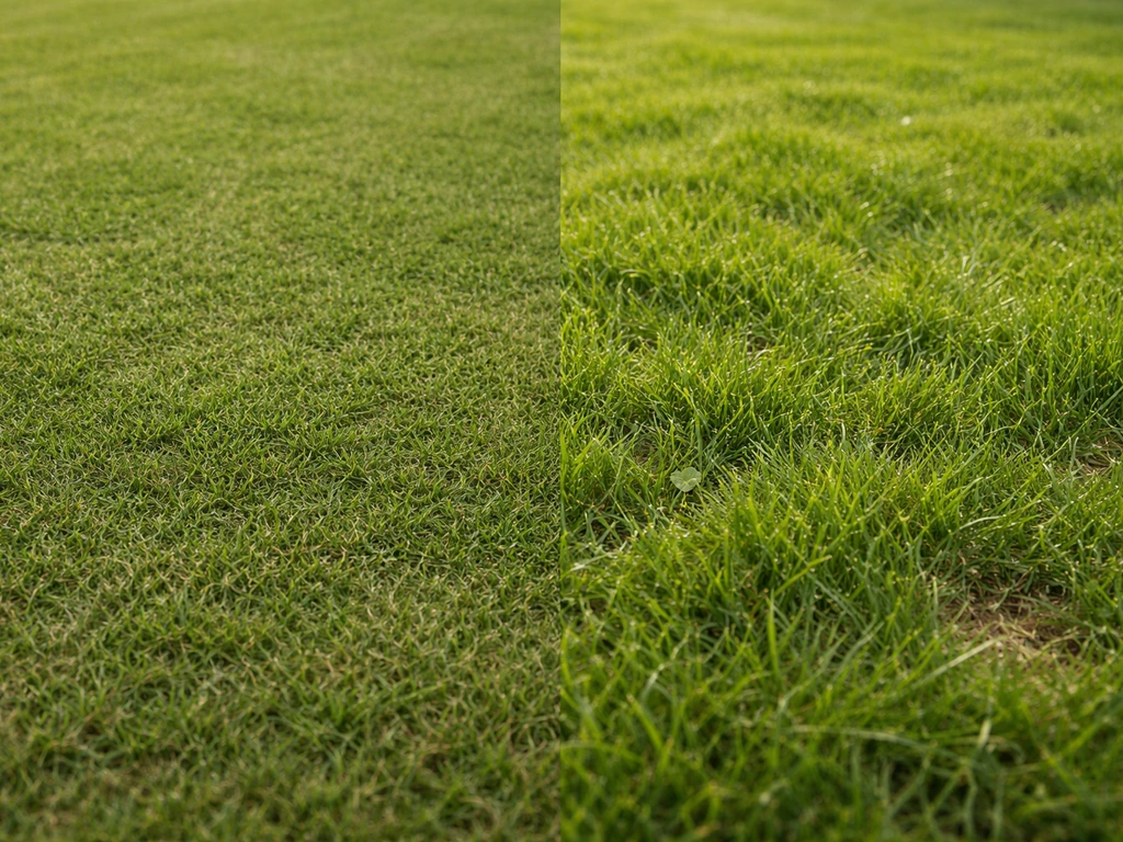 Pelouse avant/après : à gauche herbe trop uniforme, à droite rendu vivant et texturé, sans texte.