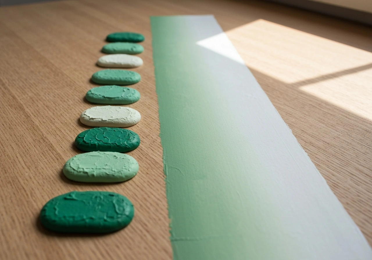 Palette de plusieurs verts côte à côte sur table en bois, avec ombre douce et lumière naturelle.