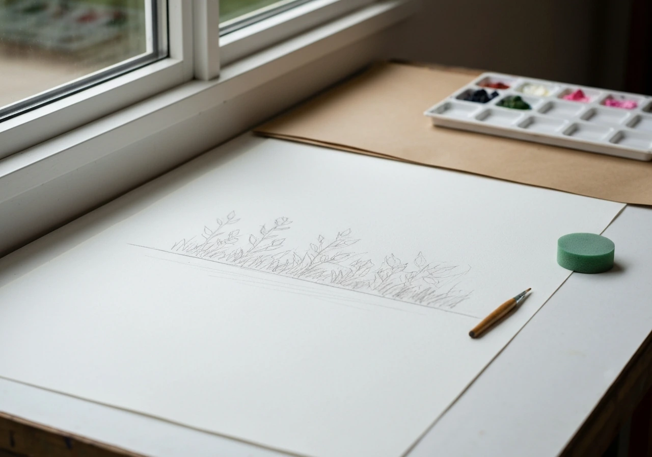 Toile avec croquis au fusain et au crayon, lignes de masses avant la mise en couleur, atelier minimal.