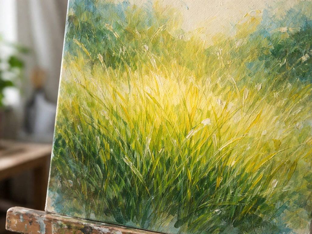 Détail d’herbe lumineuse peinte, touches vert clair et jaune, lumière douce sur fond clair.