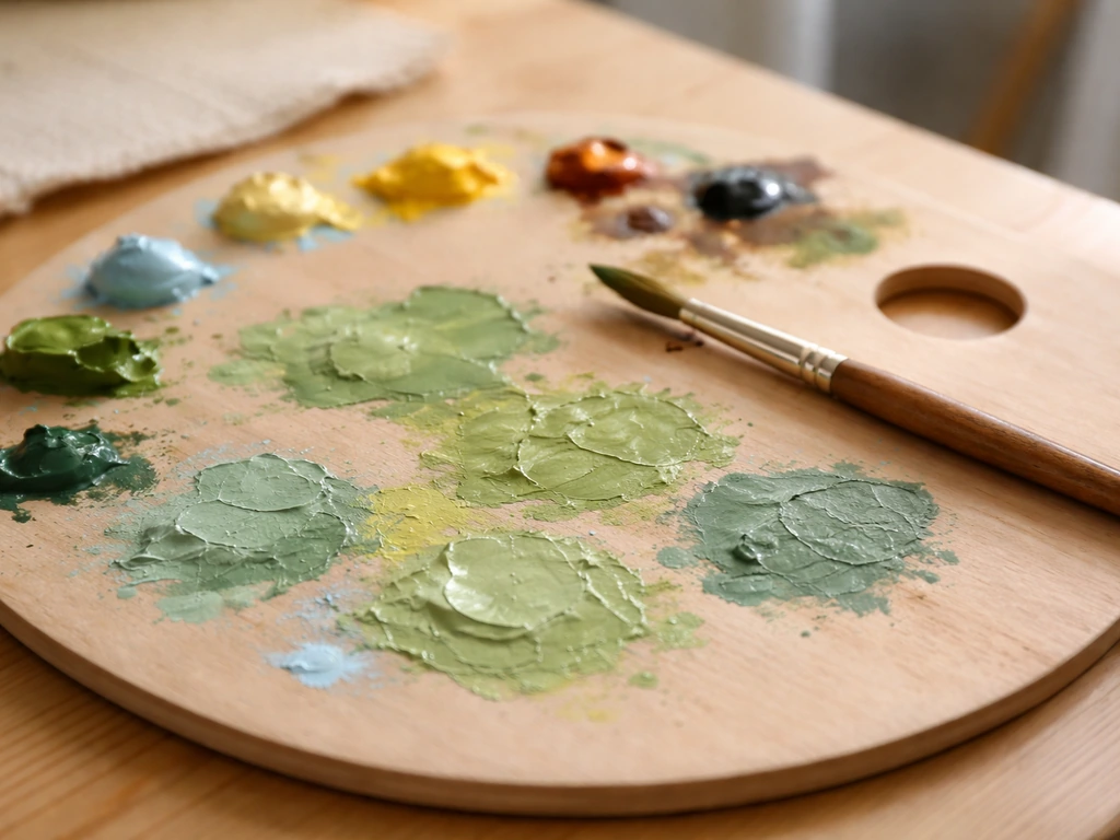 Plan rapproché d’une palette de peinture avec verts tendres obtenus en mélange, pinceau et échantillons colorés