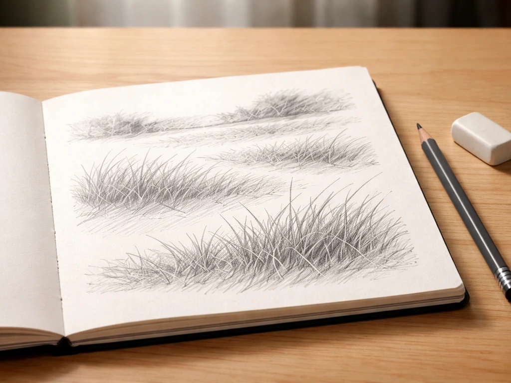 Croquis d’étude d’herbe sur une table : masses avant, moyen, lointain, direction des brins et zones d’ombre.