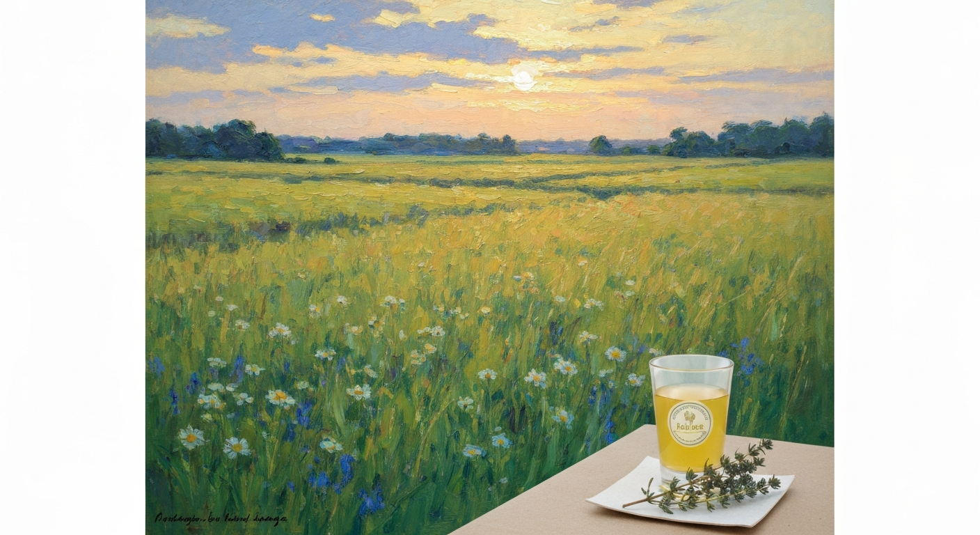 Peinture impressionniste d'une prairie en lumière dorée, touches texturées au couteau au premier plan et petit verre avec branche de thym en coin