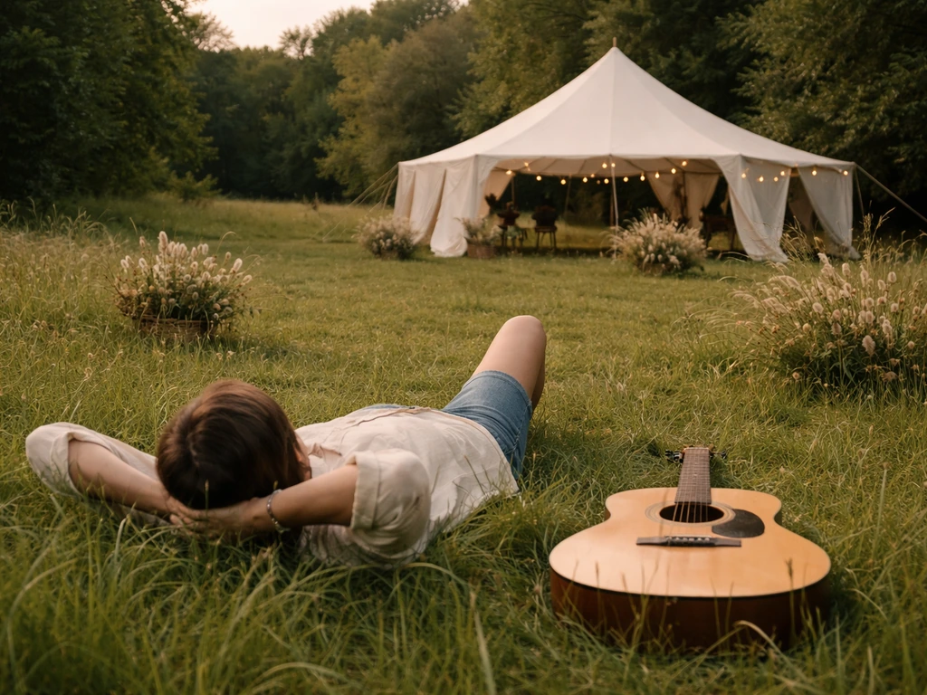 Silhouette anonyme étendue dans l’herbe près d’une guitare, sous une tente champêtre en pleine nature.