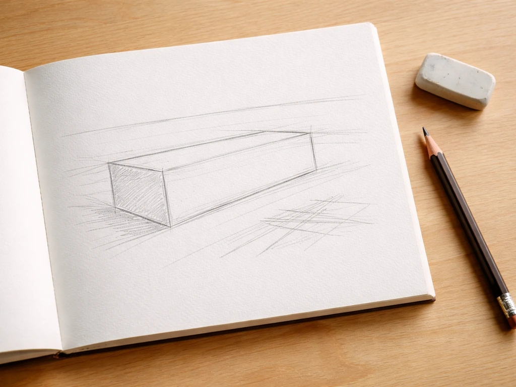 Feuille de dessin sur une table : masses allongées, ligne d’horizon et raccourci au crayon.