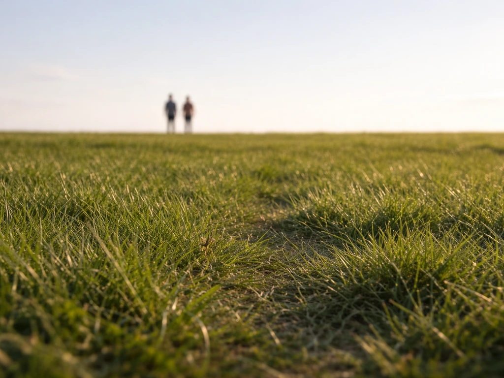 Vue au sol d’herbe avec deux personnes au loin, cadrage minimal et ligne d’horizon haute.