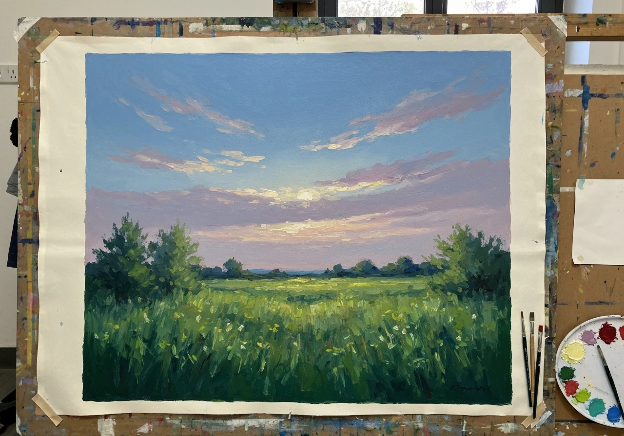 Toile impressionniste ciel-herbe avec touches colorées, horizon et lumière naturelle dans un atelier.