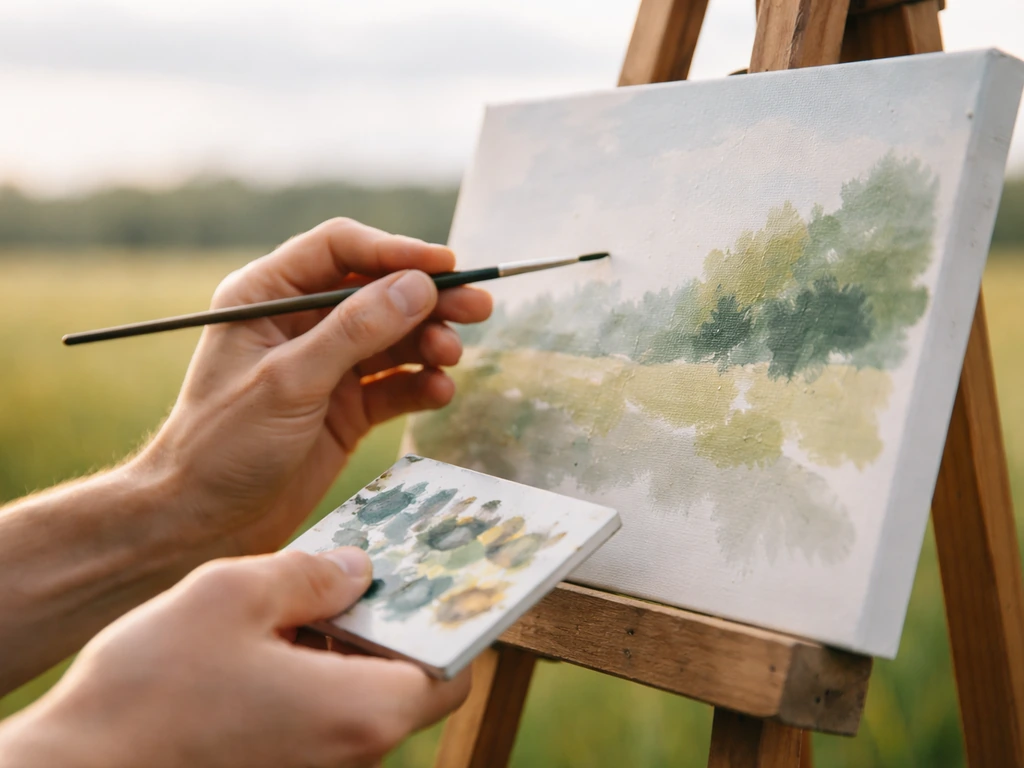 Mains anonymes peignant, toile au premier plan, ciel et herbe flous suggérant l’observation des ombres