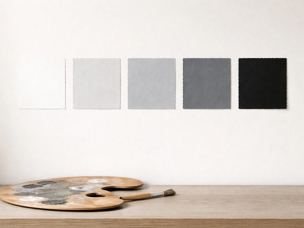 Échelle de valeurs de cinq teintes du blanc au noir, avec échantillons peints sur un mur clair, ambiance sereine.