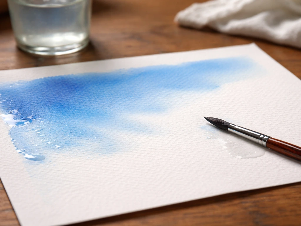 Feuille d’aquarelle humide sur mouillé avec dégradé bleu cobalt sur fond de table en bois