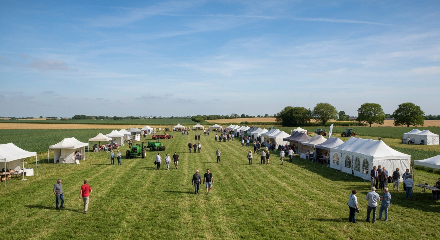 Panorama du salon en prairie bocagère à Haut-Lieu : tentes d'exposants, visiteurs et artistes peignant en plein air sous la lumière de juin.