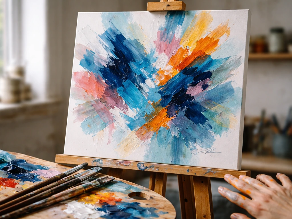 Toile d’abstraction gestuelle sur un chevalet, palette et pinceaux dans un atelier, main anonyme.