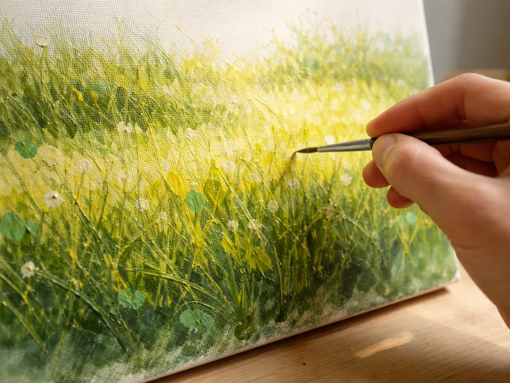 Gros plan sur une peinture en cours d’herbe impressionniste, touches courtes vert clair et jaune citron.