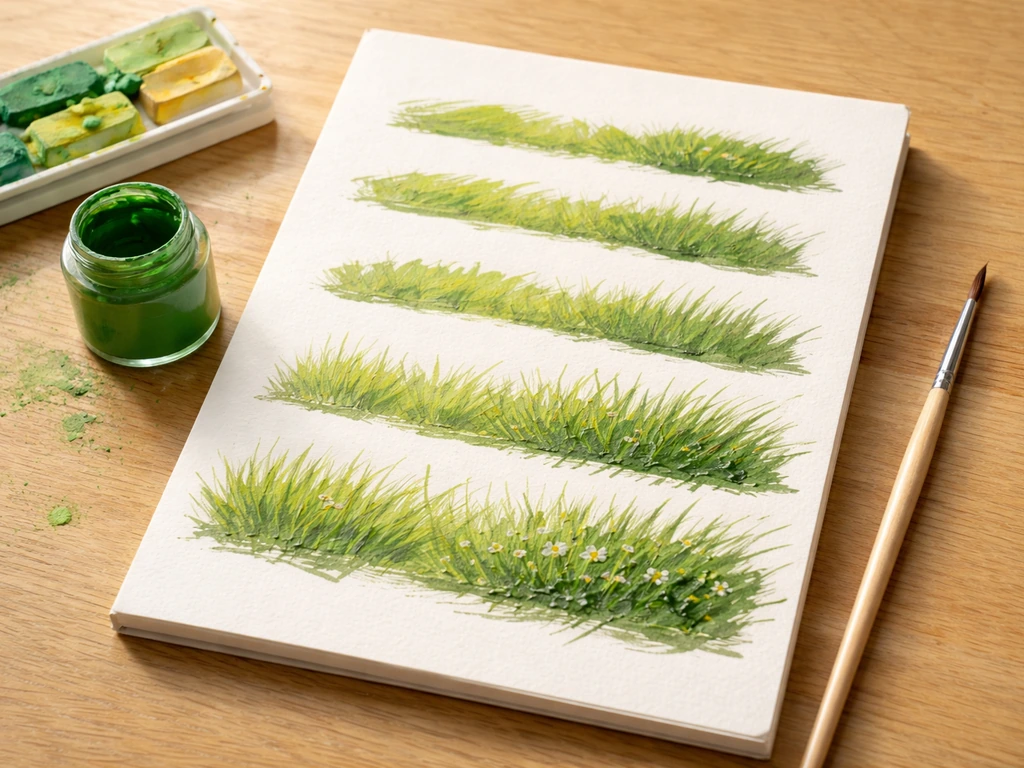 Gros plan d’une feuille A5 peinte avec des bandes d’herbe en touche brisée, gouache et pinceau visibles.