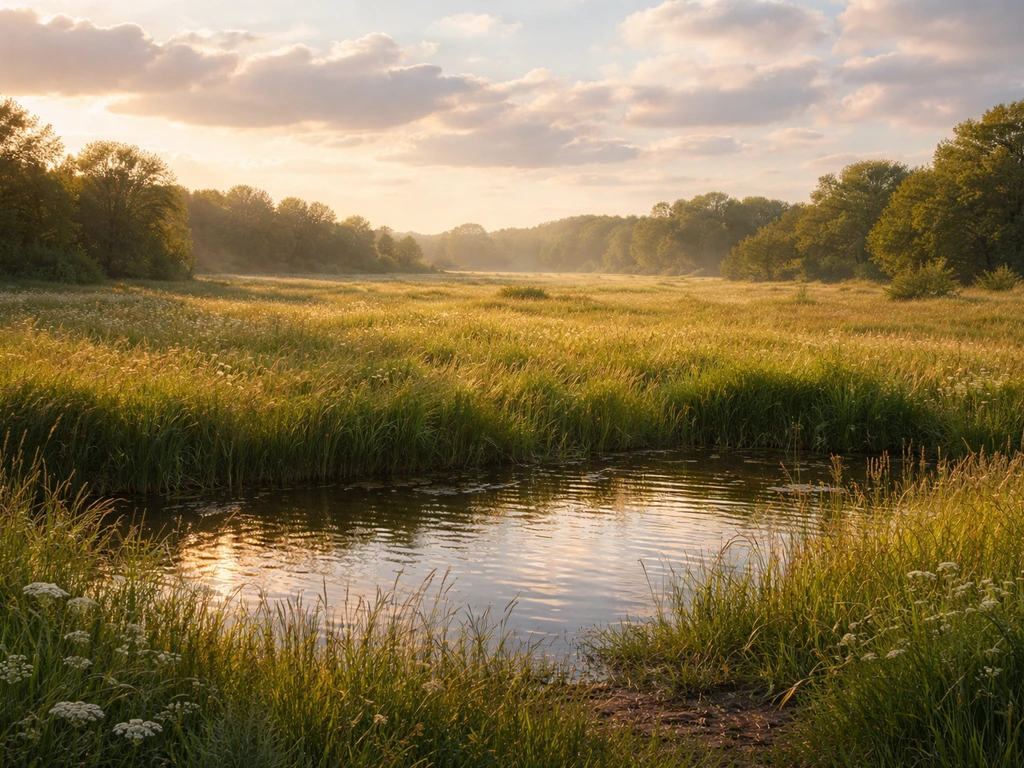 Vue panoramique impressionniste d’une prairie du Parc du Peuple de l’Herbe, lumière rasante et reflets sur l’eau.