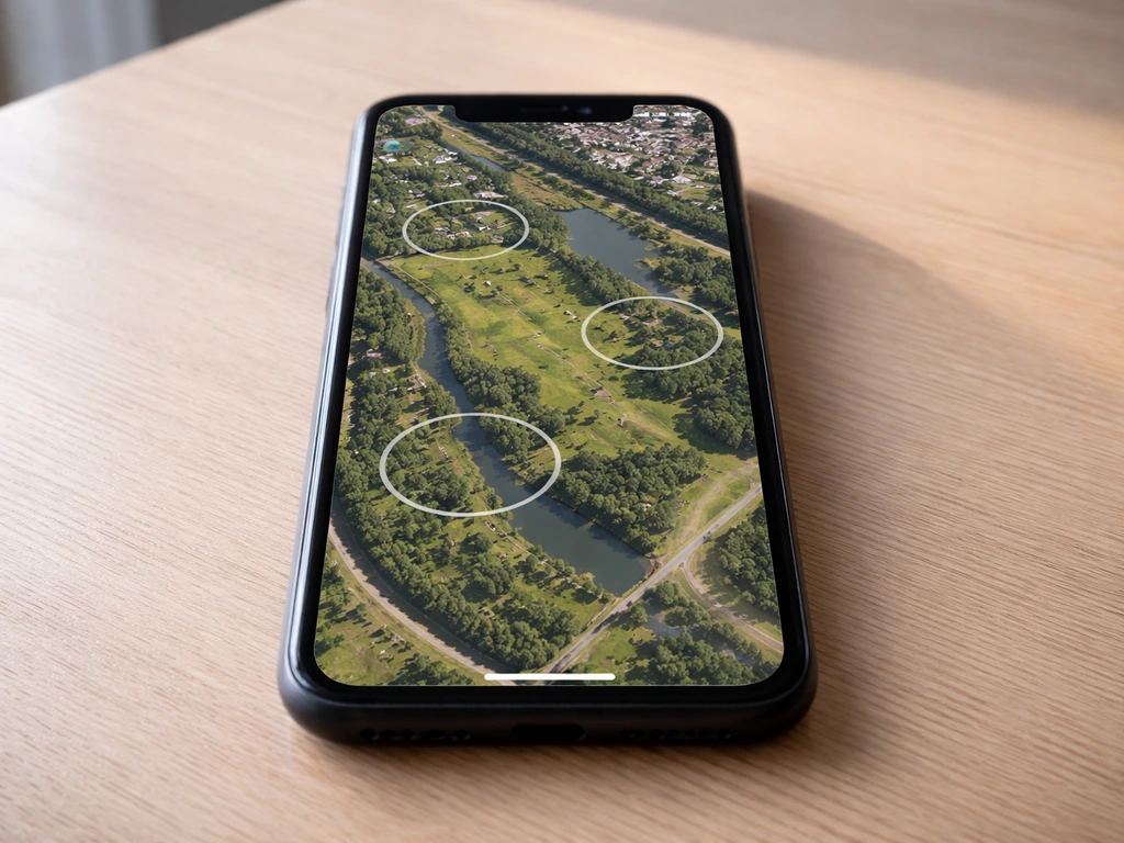 Photo d’un téléphone montrant une vue satellite type Google Maps avec zones de repérage d’un parc.
