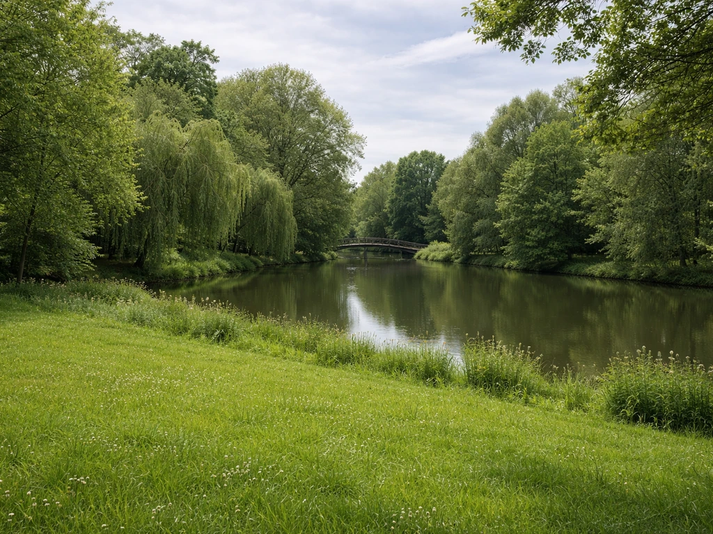 Photo réaliste d’un coin de parc avec prairie et étang, reflet des arbres, ambiance récente façon Instagram.
