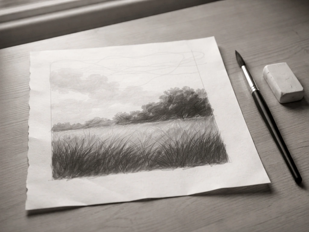 Photo en noir et blanc montrant une scène d’herbe divisée en zones claires et foncées, prête à être reportée.