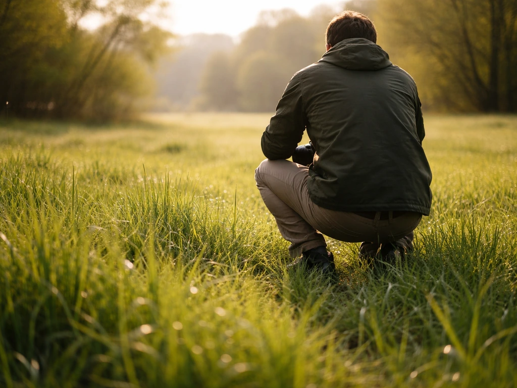 Photographe genou à terre dans l’herbe, vue au ras du sol, lumière dorée et flou d’arrière-plan