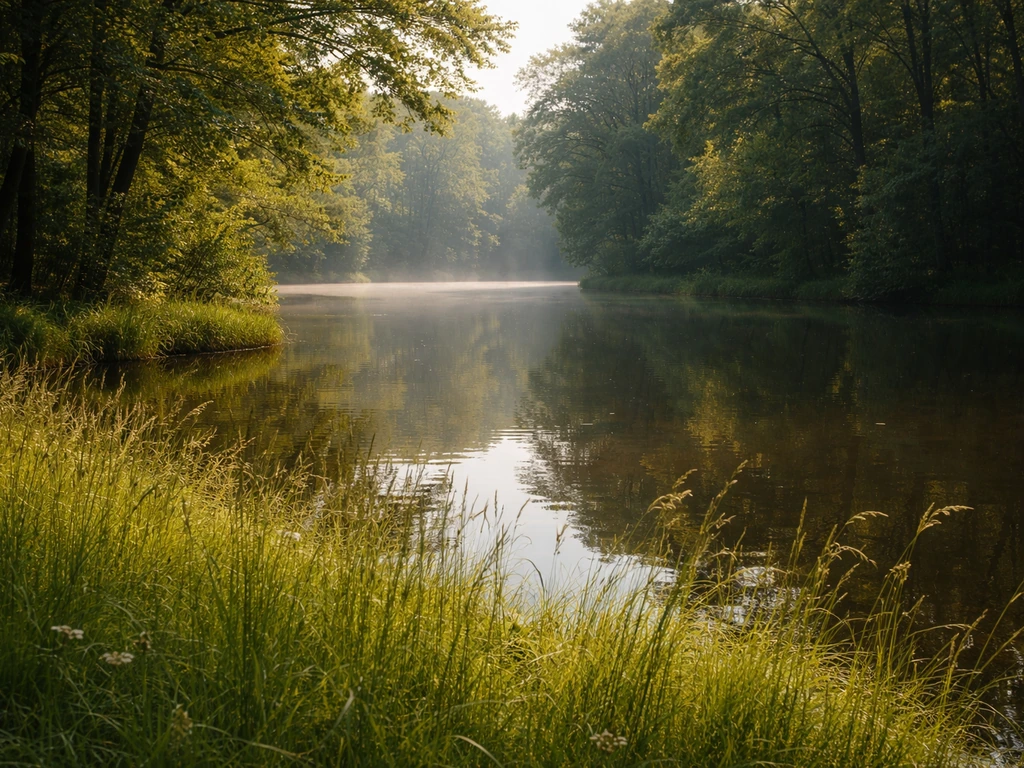 Lisière prairie–sous-bois au bord de l’étang, avec ciel reflété sur l’eau.