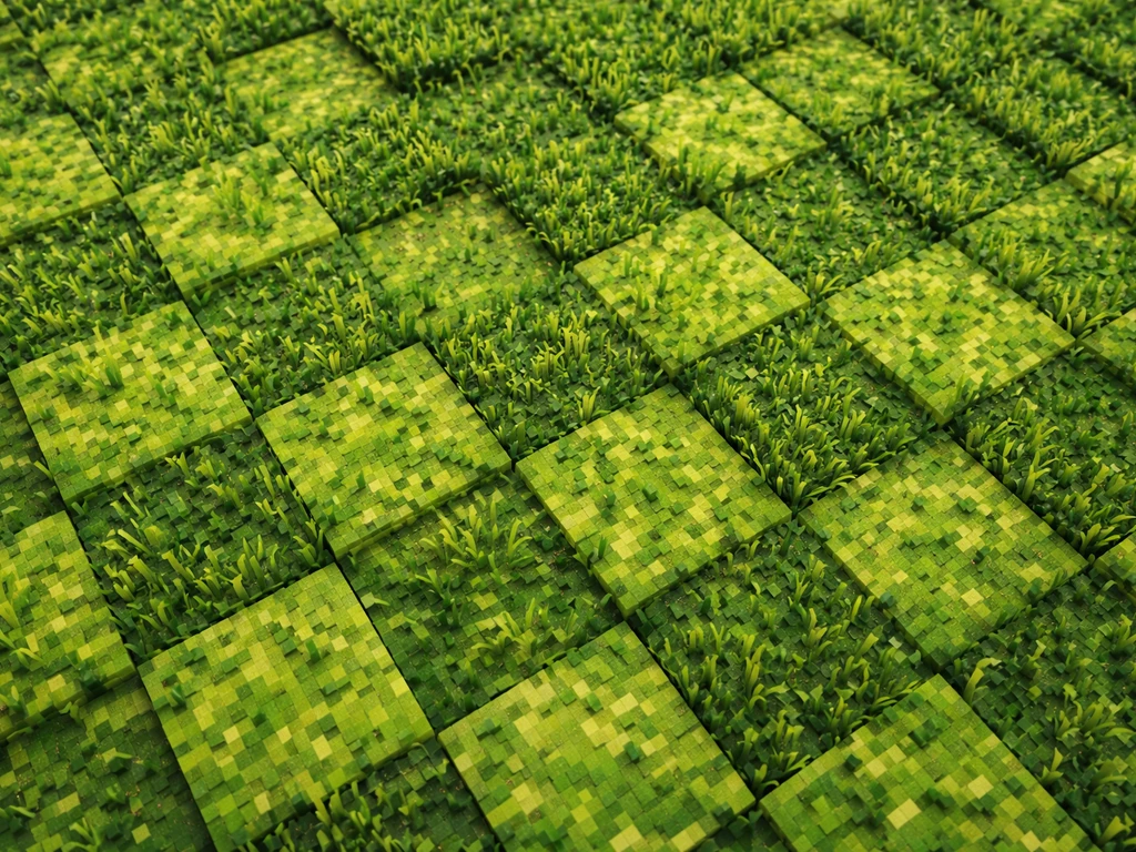 Gros plan ultra net d’une texture d’herbe Minecraft réaliste, verts variés et ombres carrées